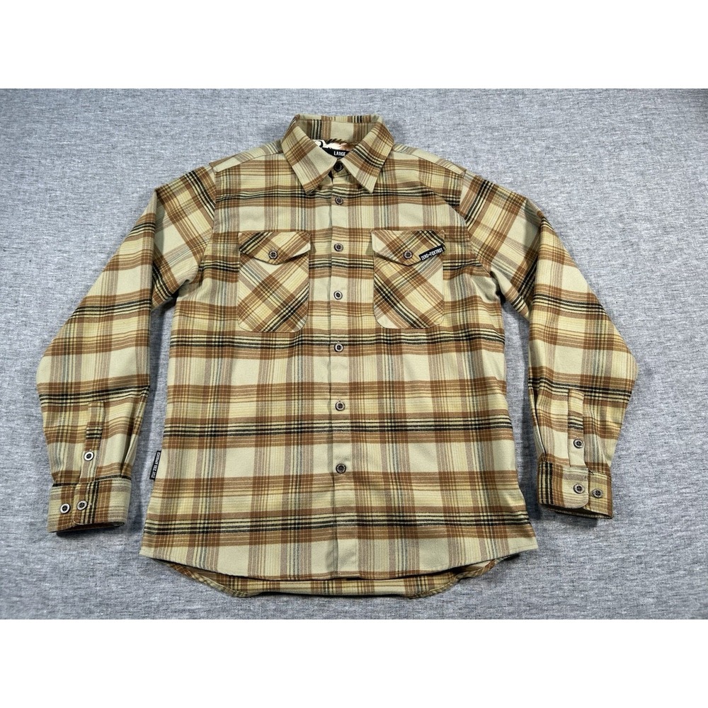 Zero Foxtrot Shirt Mens Large Tan Black Plaid Flannel Long Sleeve Chest Pockets